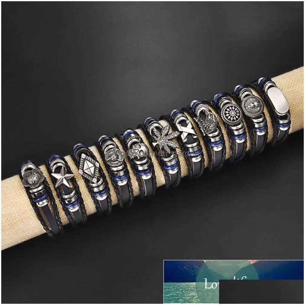 punk men leather bracelet multilayer braided bangle skull star leaf charm strand bracelet women handmade friendship jewelry gift factory price expert