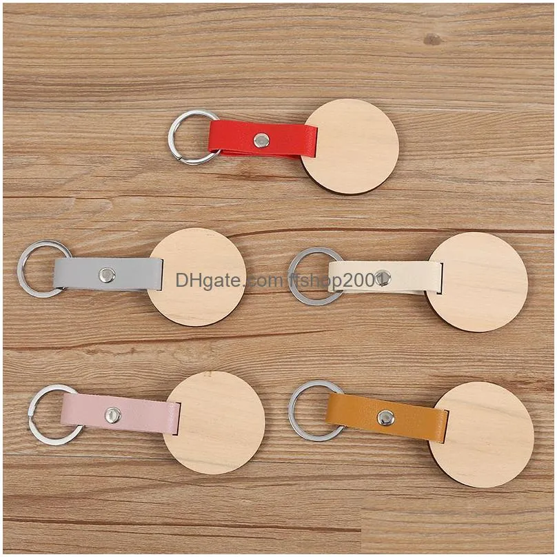 natural wood chip keychain pendant personalized pu leather keychains luggage decoration key chain creative keyring gift