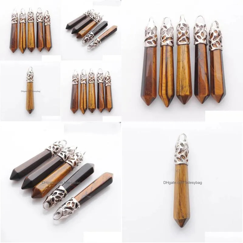 tigers eye stone hexagonal column pendulum pendant beads pointed reiki chakra pendants for men women jewelry charms n3009