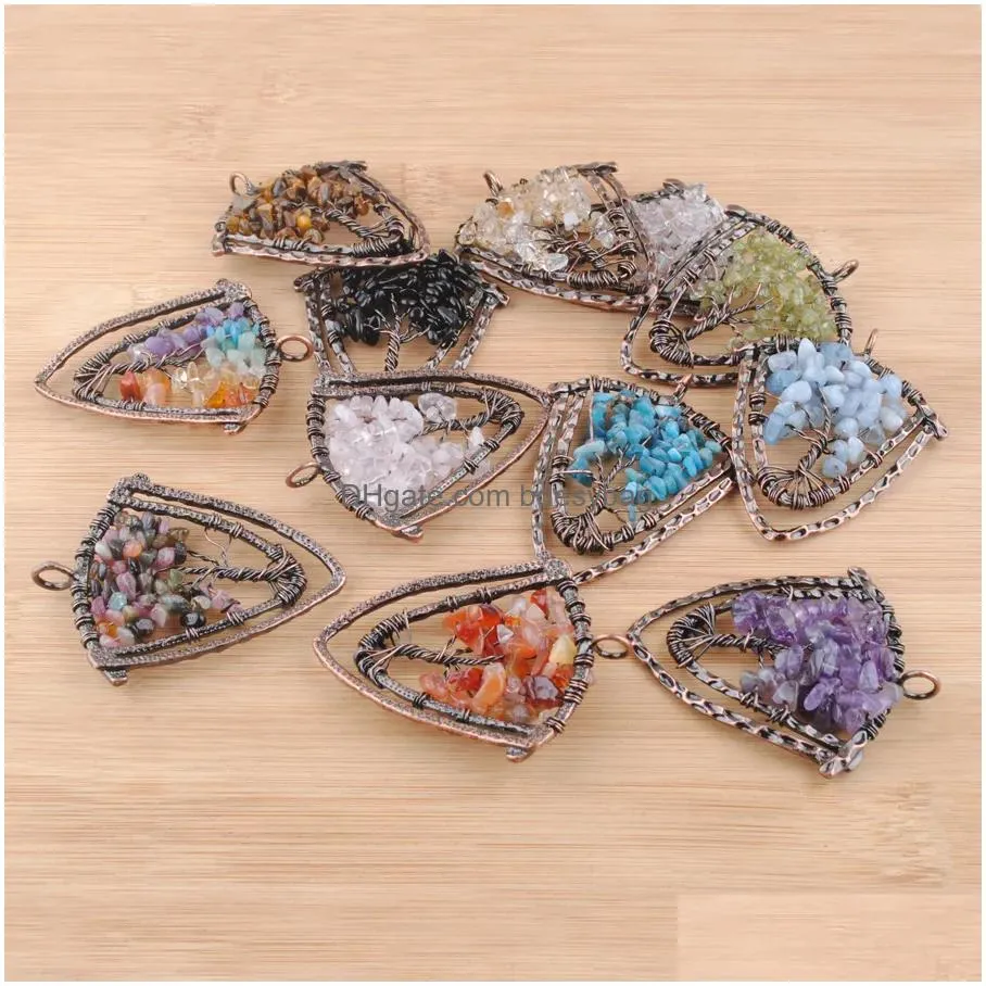 tree of life pendulum shield pendants antique copper wire wrapped 7 chakra natural stone chips beads bn420