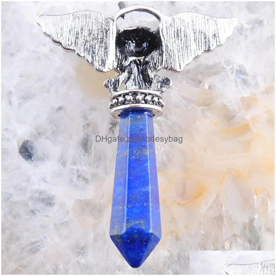 skull wings pendant pendulum jewelry natural stone amethyst opal etc crystal pendant silver plated charms fashion mens jewelrybn320