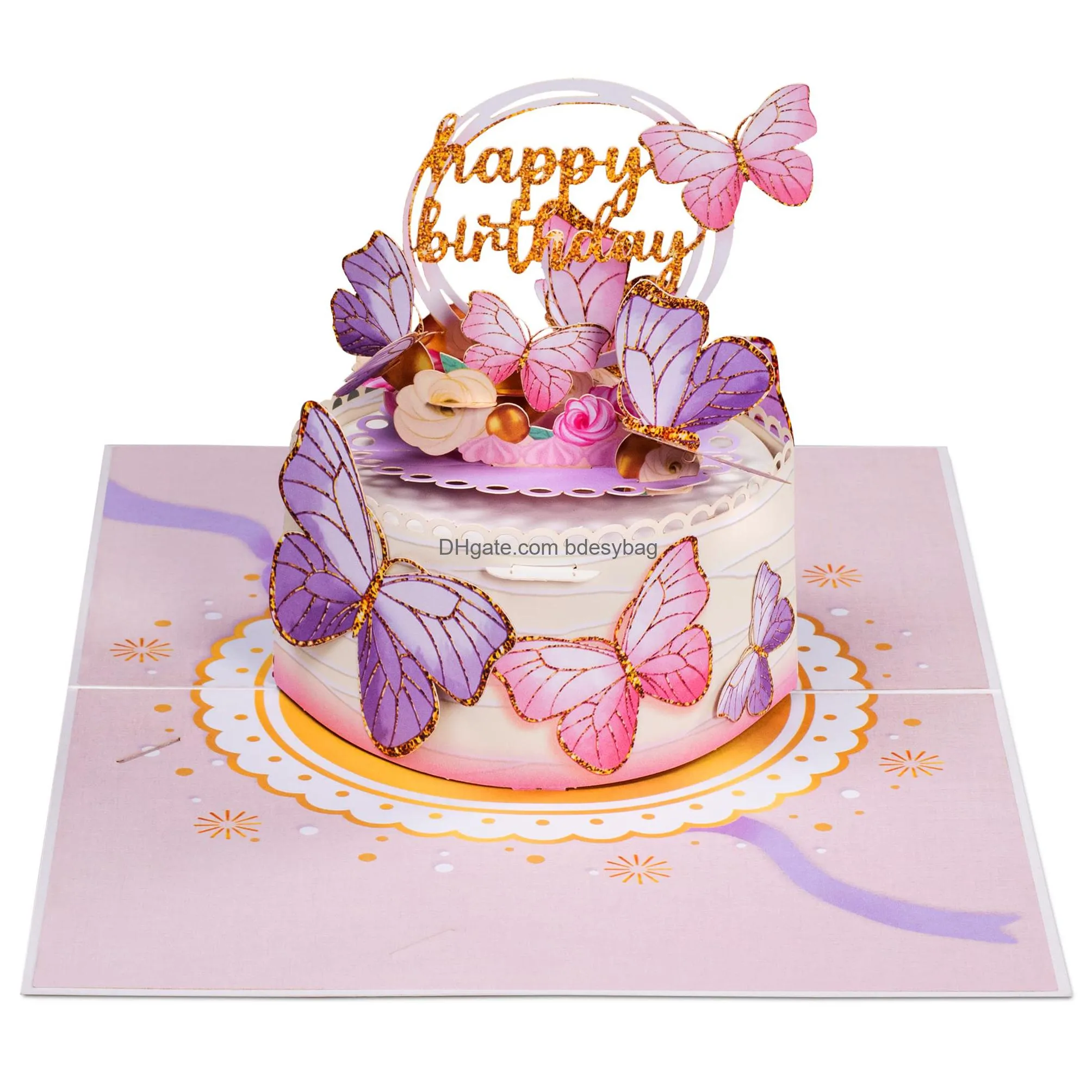 butterfly birthday cake 3d  up birthday card for adults or kids 5 x 7 cover includes envelope and note tag