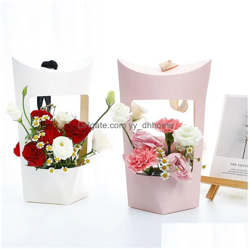 portable kraft paper bags gift wrap rose flower box with handle waterproof bouquet florist packing valentines day party gifts empty