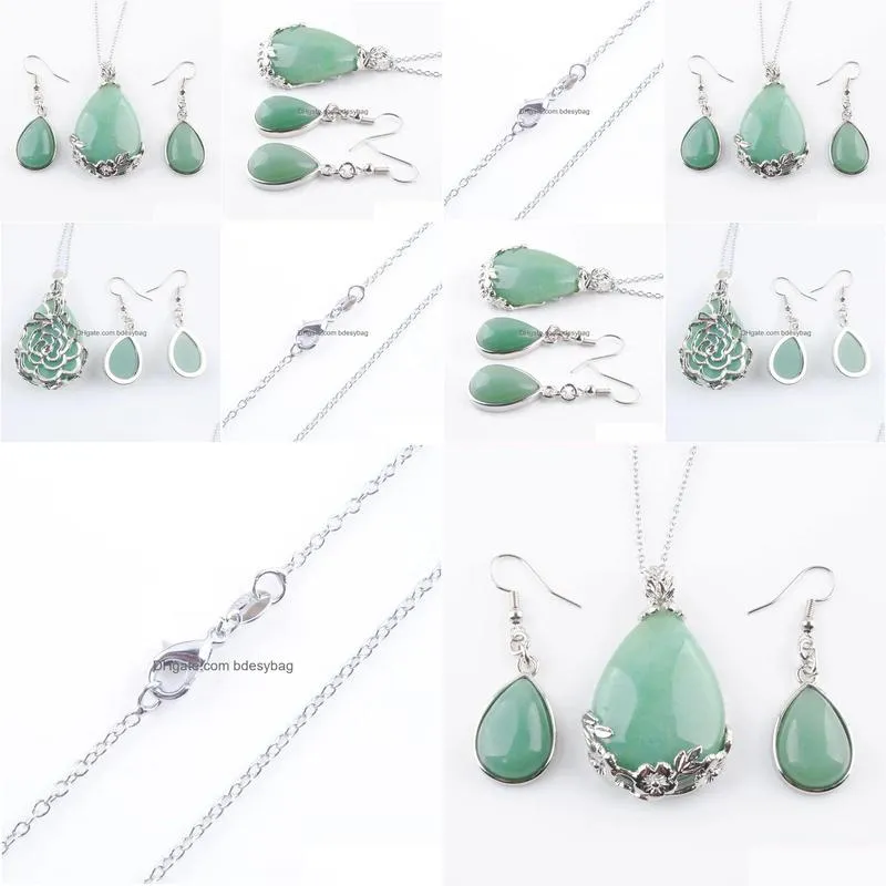 classic love gift summer beach jewelry set teardrop natural aventurine stone pendants necklace hook dangle drop earring q3072