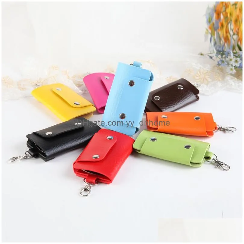 9 colors leather key case keychain pendant solid color simple keys storage bag metal keyring