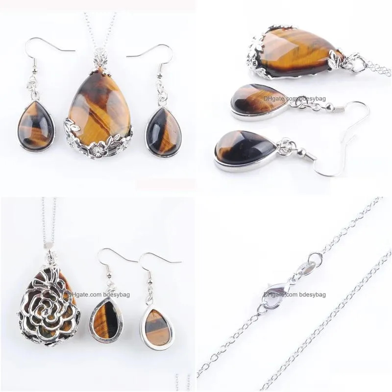 natural tigers eye gem stone teardrop reiki chakra beads pendant earrings chain necklace women jewelry set q3068