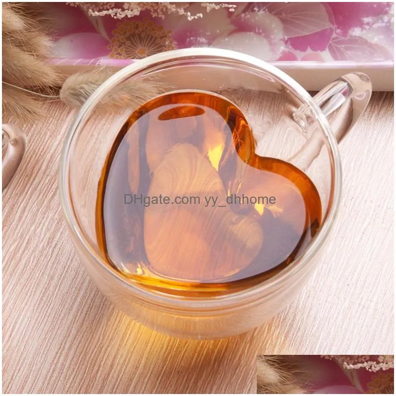 transparent glass water cups mug double creative heart shaped milk coffee cup household kitchen drinking tool