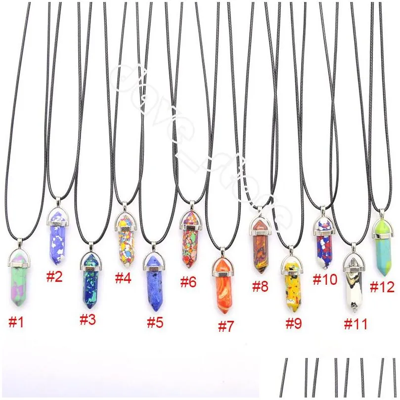 natural crystal stone pendant necklace hand carved creative hexagonal column gemstone necklaces fashion accessory with chain