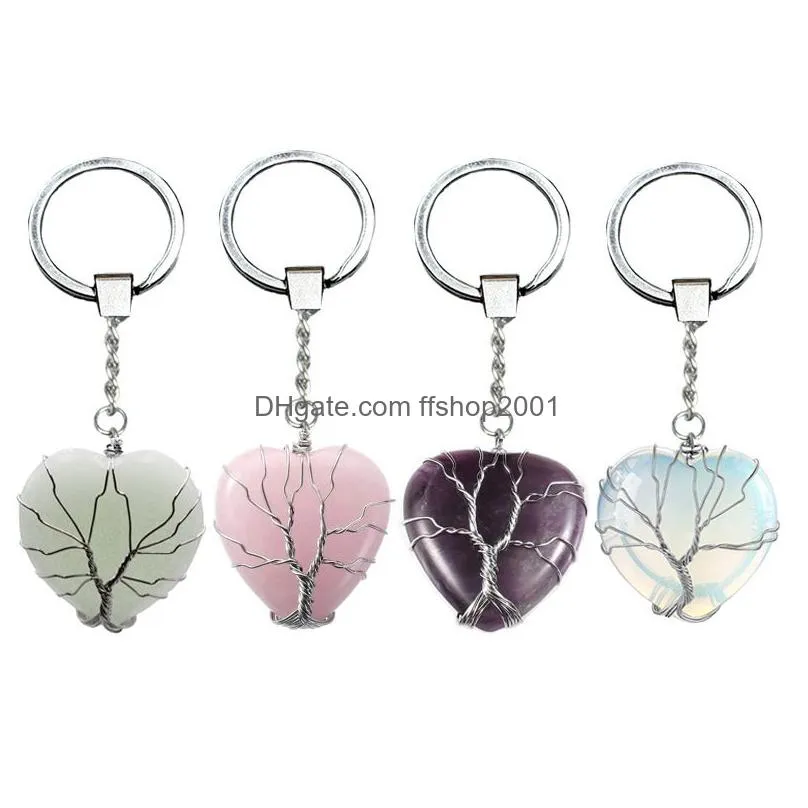 life tree natural crystal stone keychain pendant heart keychains creative friendship gift key chains