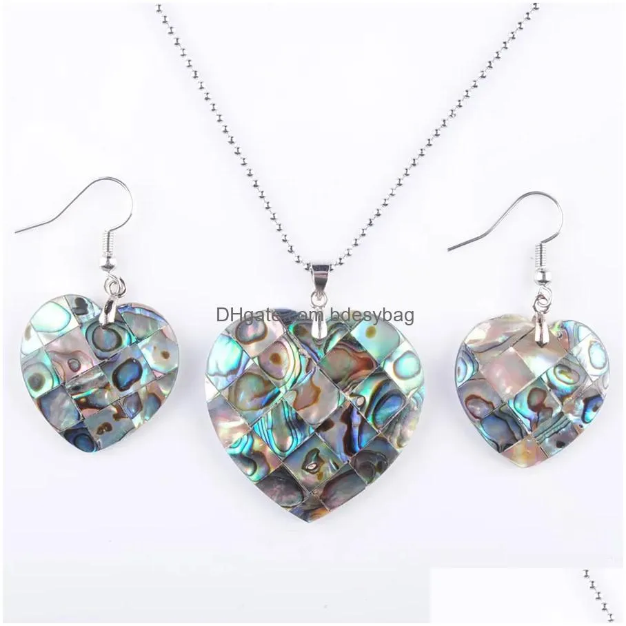 natural paua abalone shell heart fashion jewelry set for women party gift beads dangle pendant dangle hook earring chain 45cm q3002