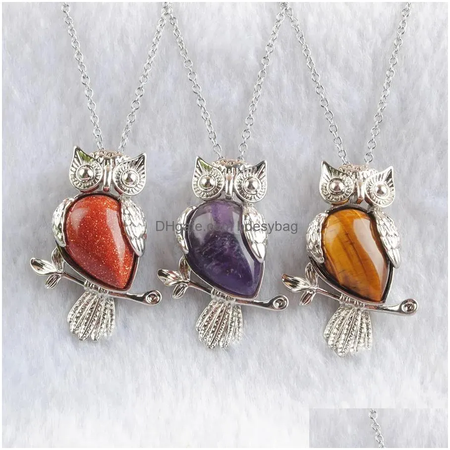 yowost natural gemstones crystal pendant for men female owl cute pendants necklace silver plated bead reiki jewelry chain 45cm bn504