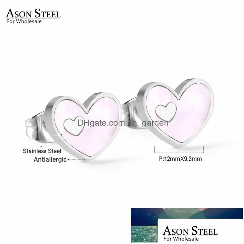 asonsteel shell red/pink double heart stud earring for women/girl/child ear piercing stainless steel jewelry party wedding gift factory price expert design