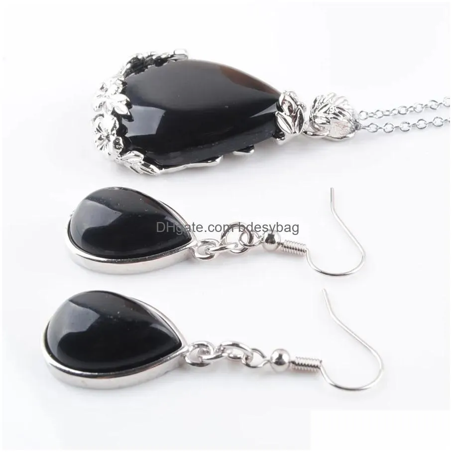 natural pendulum pendant bridal party jewelry set for women water drop black agate gem stones dangle earrings necklaces q3075