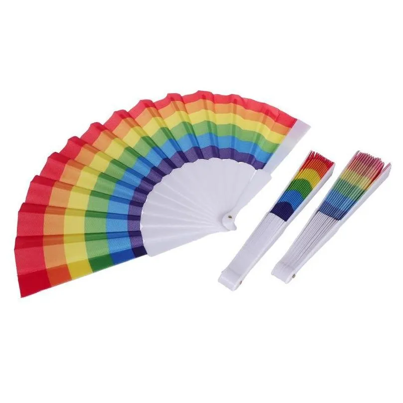 fashion folding rainbow fan plastic printing colorful crafts home festival decoration craft stage performance dance fans 43x23cm