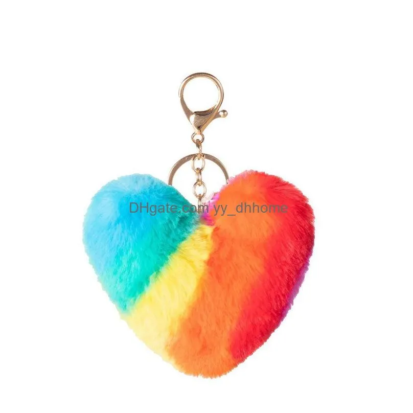 heart shaped plush keychains creative rainbow stitching imitation rabbit fur keychain luggage decoration keyring pendant