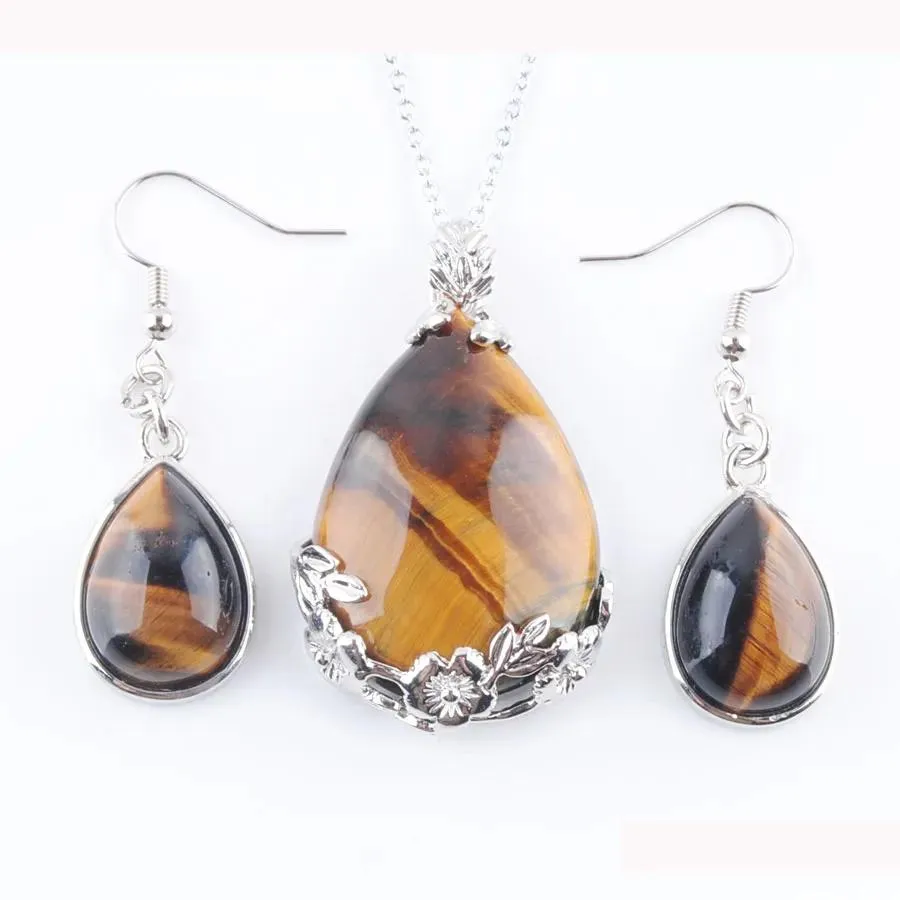 natural tigers eye gem stone teardrop reiki chakra beads pendant earrings chain necklace women jewelry set q3068