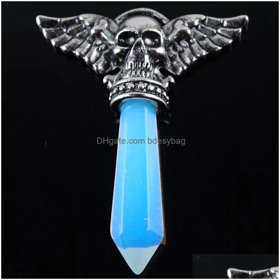 skull wings pendant pendulum jewelry natural stone amethyst opal etc crystal pendant silver plated charms fashion mens jewelrybn320