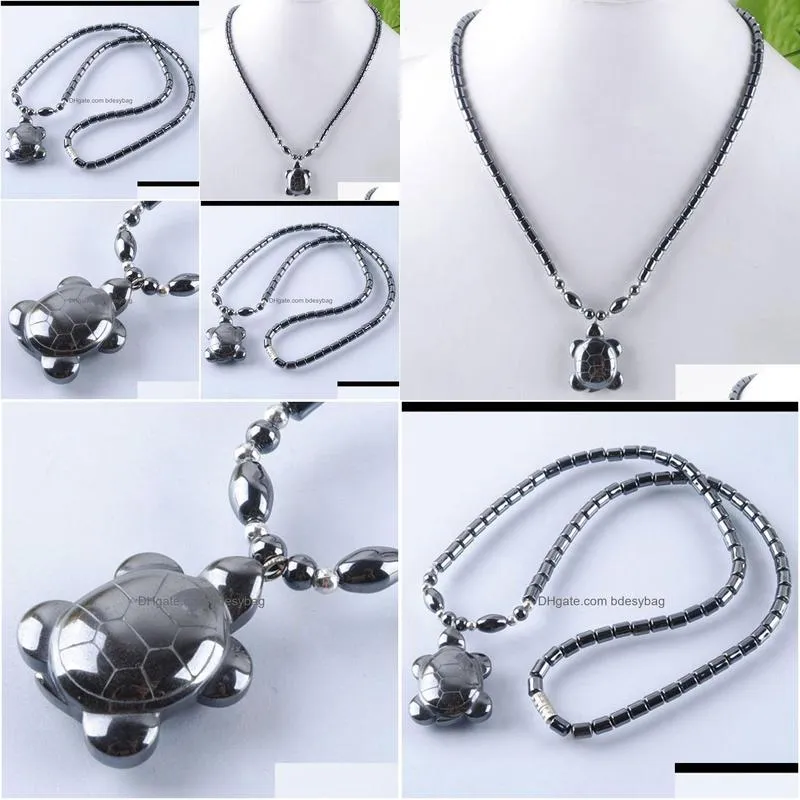 men women lucky longevity turtle pendant necklace quality natural black hematite stone beads 18 choker necklaces jewelry f3039