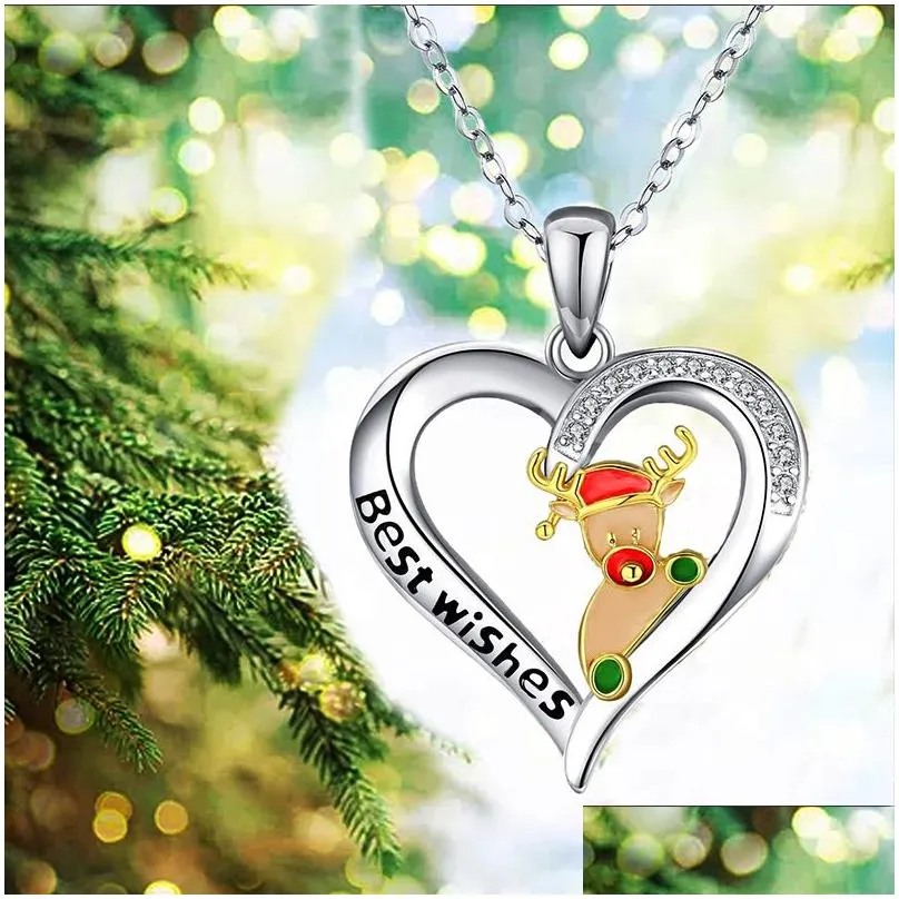 diamond christmas necklace cartoon heart pendant necklaces ladies party exquisite decoration ornament creative gift