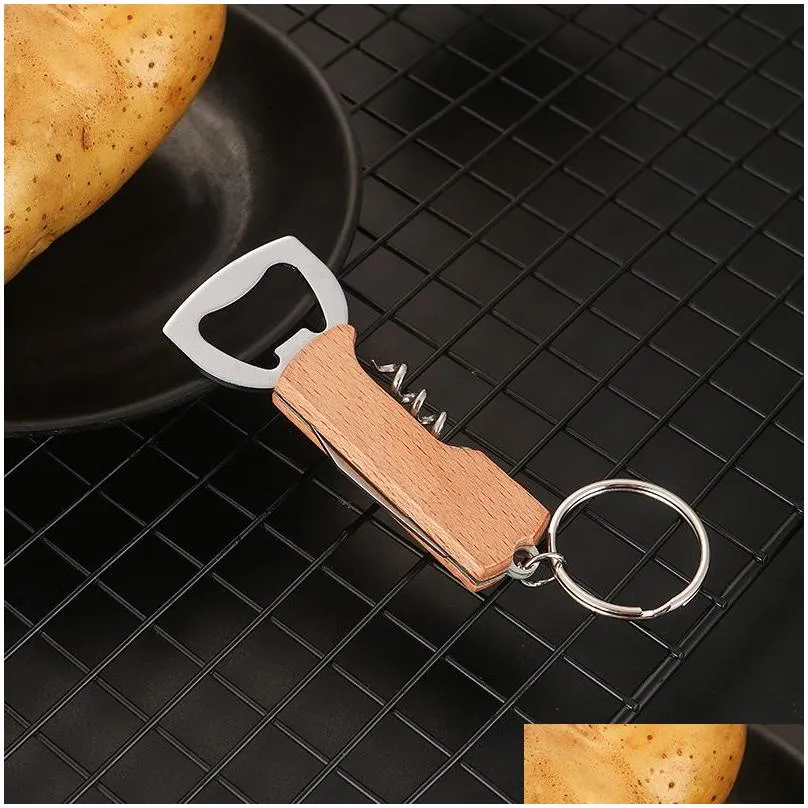 beech beer bottle opener multifunctional stainless steel corkscrew wooden keychain portable folding knife keychains kitchen tools