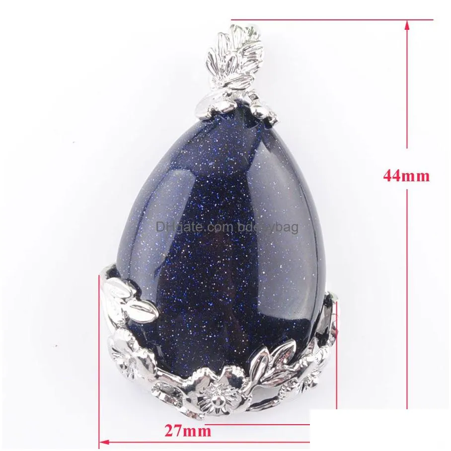 natural gem stone pendant teardrop blue sand love beads reiki chakra healing pendant necklace chain jewelry n3472