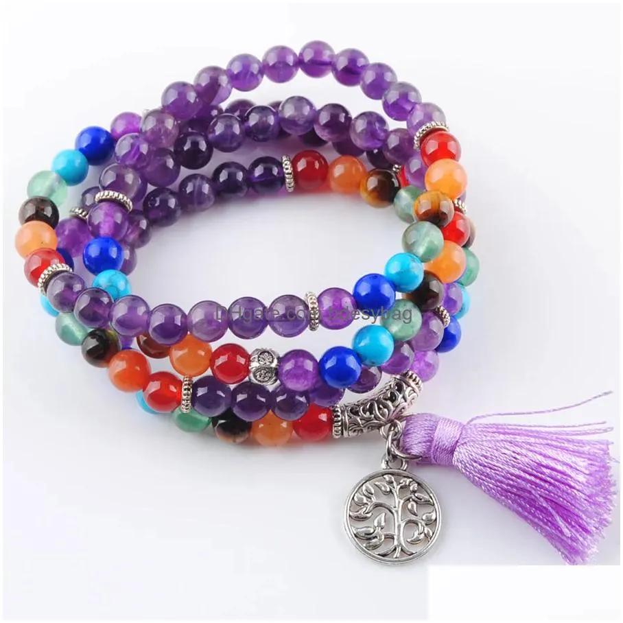 natural stone gem 6mm bracelets strands bangles meditation healing 7 chakra ladies wrapped reiki rosary 108 mala beads for women amulet