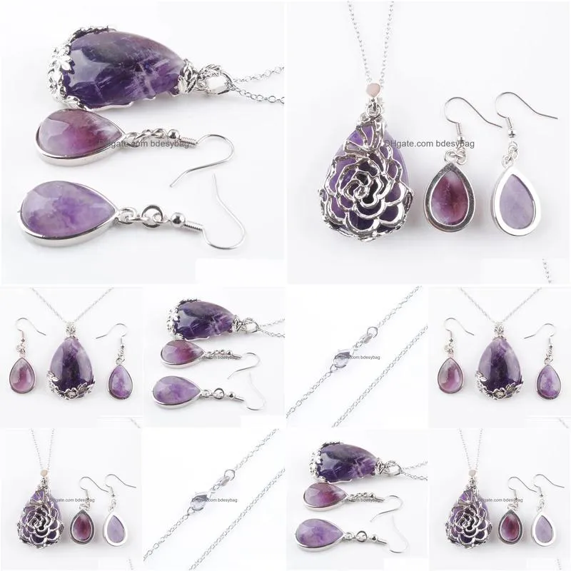 healing purple crystal necklace earrings set water drop reiki natural amethyst stone pendant for women jewelry sets gift q3074