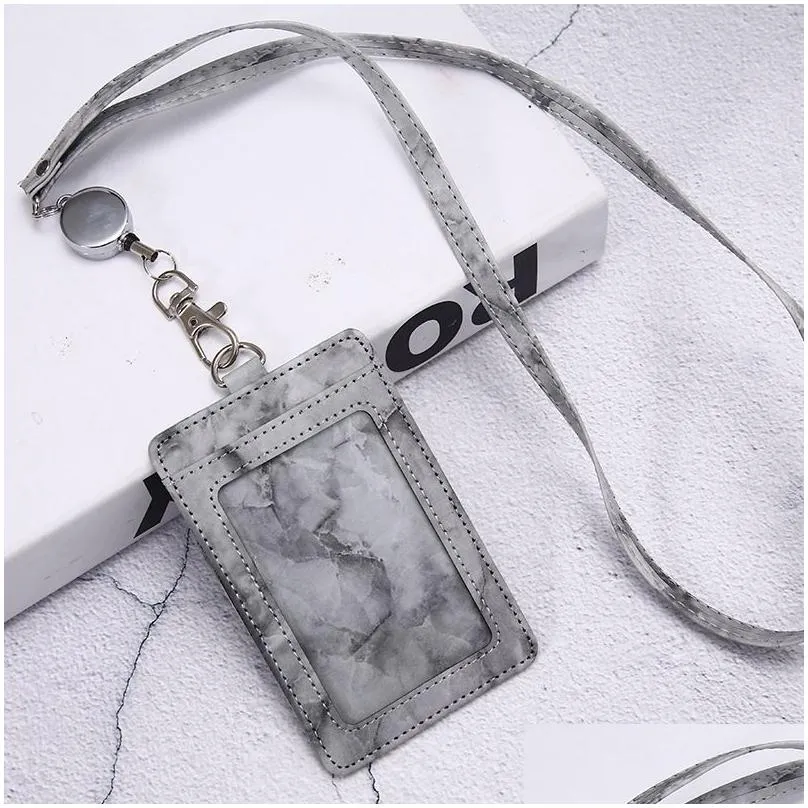 pu leather work card lanyards keychain retractable marble pattern id card sleeve
