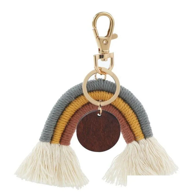bohemian tassel keychain pendant diy wood chip rainbow braided woven keychain luggage decoration key chain keyring creative gift