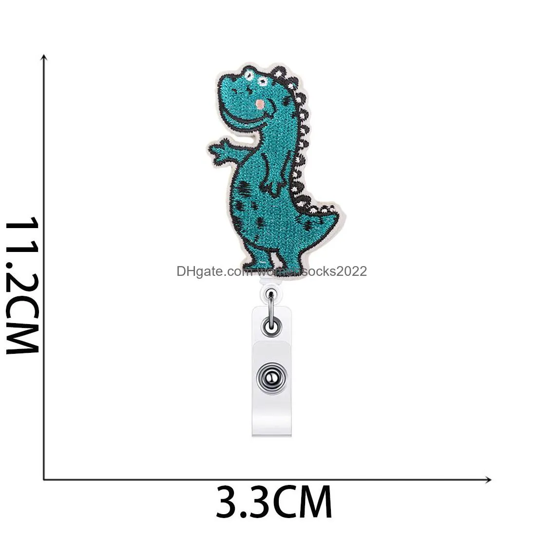 notions dinosaur emboridered retractable badge reels holder with alloy alligator clip cute cartoon animal id card decorative badge name tag
