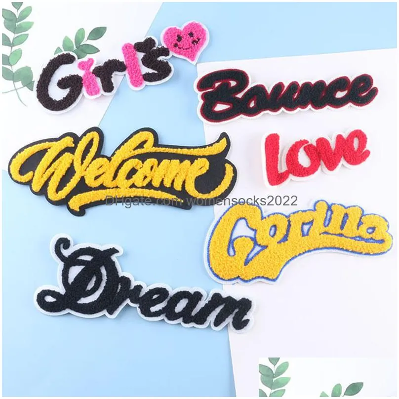 fashion letter chenillees notions big english towel embroidered appliques sew on clothing badges for clothes jacket hoodies diy