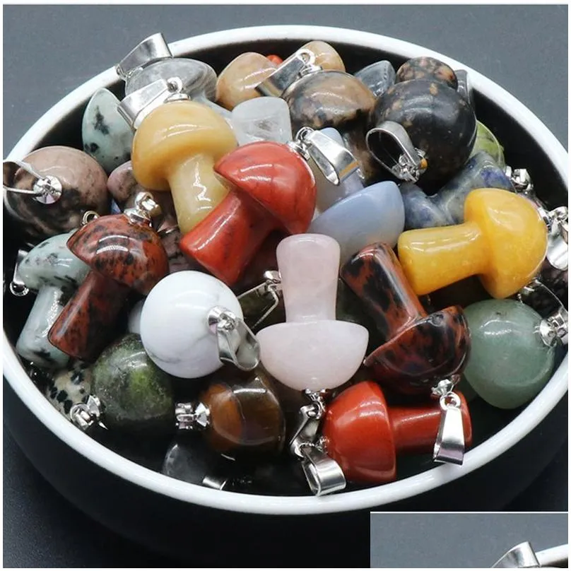 natural crystal stone mushroom pendant party favor pink crystal chakra diy jewelry making necklace