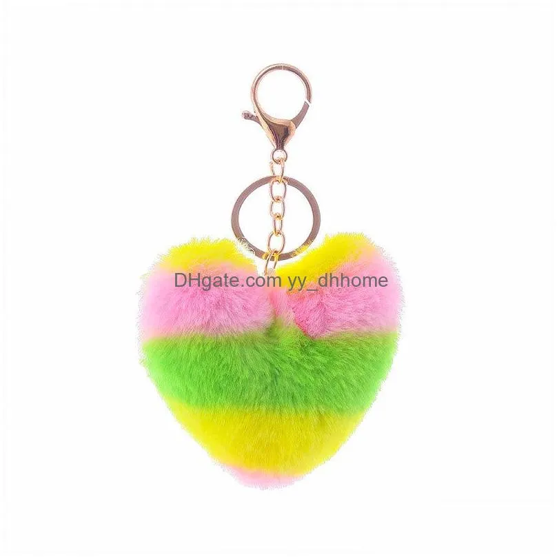 heart shaped plush keychains creative rainbow stitching imitation rabbit fur keychain luggage decoration keyring pendant