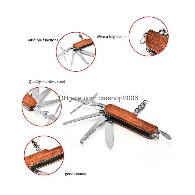 wooden multifunctional folding knife bottle openers keychain stainless steel scissors portable outdoor camping tool