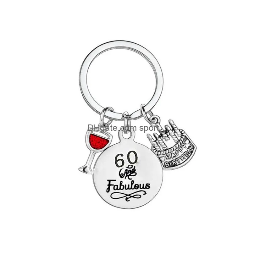 stainless steel keychain creative number 60 cake wine glass keychains pendant birthday party gift key ring