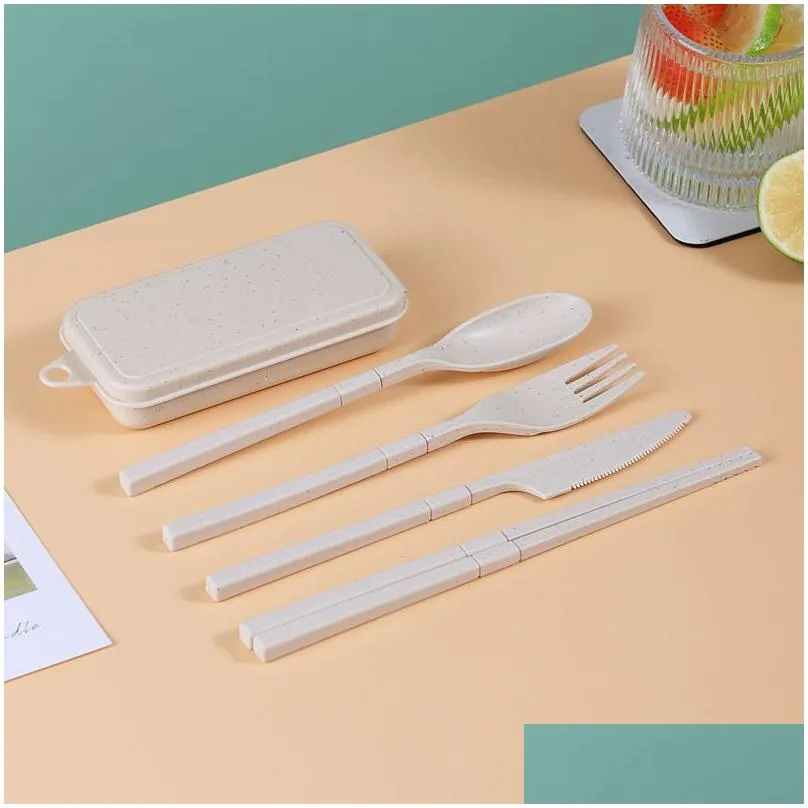 wheat straw tableware set portable folding tablewares cutlery knife fork spoon chopsticks detachable with storage box 8 colors