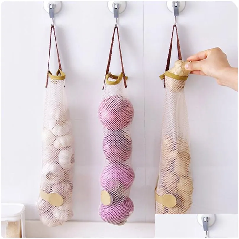 hangable fruit vegetable storage mesh bag multifunctional hollow and breathable onion hanging bags household kitchen supplies