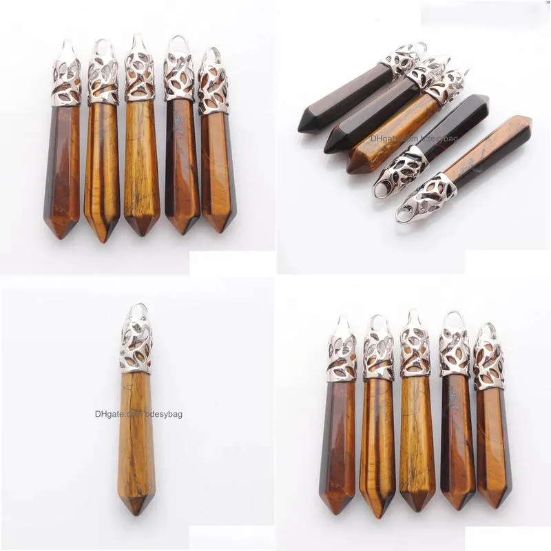 tigers eye stone hexagonal column pendulum pendant beads pointed reiki chakra pendants for men women jewelry charms n3009