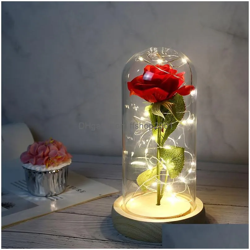 valentines day gift glass cover rose party favor led light simulation immortal eternal roses flower box packaging 7 colors
