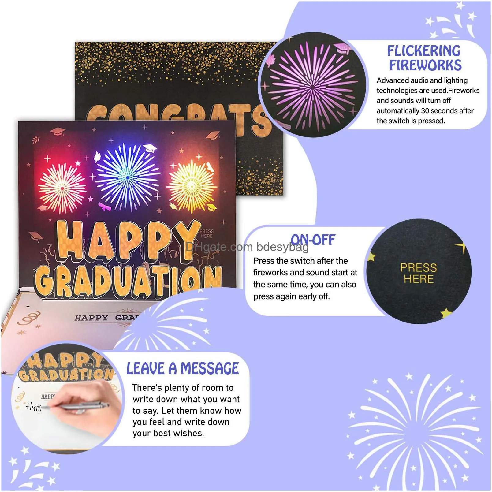 2023 graduation fireworks 3d  up greeting card congratulations personalized gift for high school college university masters press the button to release fireworks and cheers