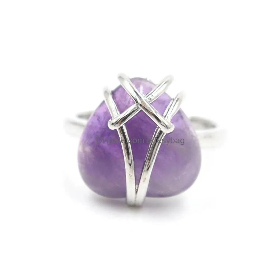 yowost love heart rings natural gems stone adjustable rings reiki healing amethysts rose quartzs opal ring girl women fashion jewelry