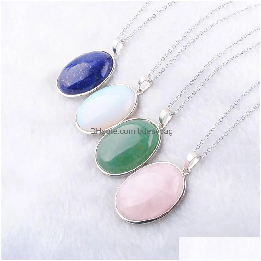 natural stone dangle pendants oval bead for necklace jewelry making amethysts tigers eye agates opal jewelry gift chain 45cm bn319