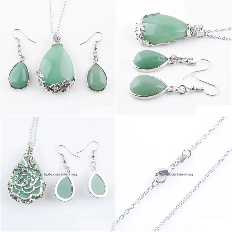 classic love gift summer beach jewelry set teardrop natural aventurine stone pendants necklace hook dangle drop earring q3072