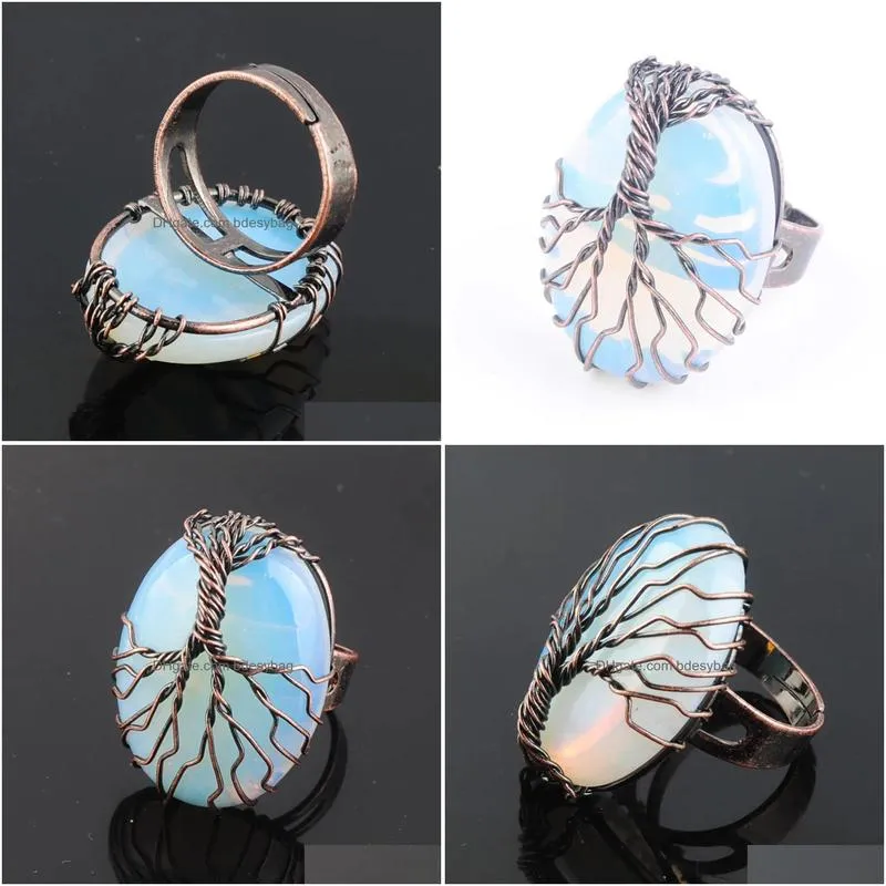 natural stone opal bead antique rings for women finger jewelry wire wrapped tree of life adjustable ring x3054