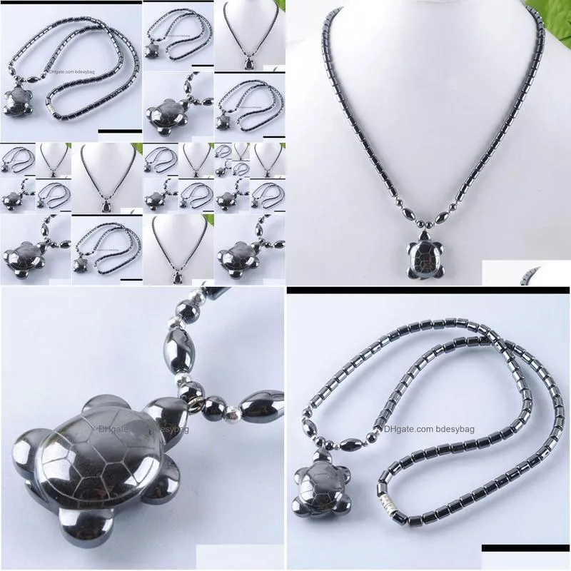 men women lucky longevity turtle pendant necklace quality natural black hematite stone beads 18 choker necklaces jewelry f3039