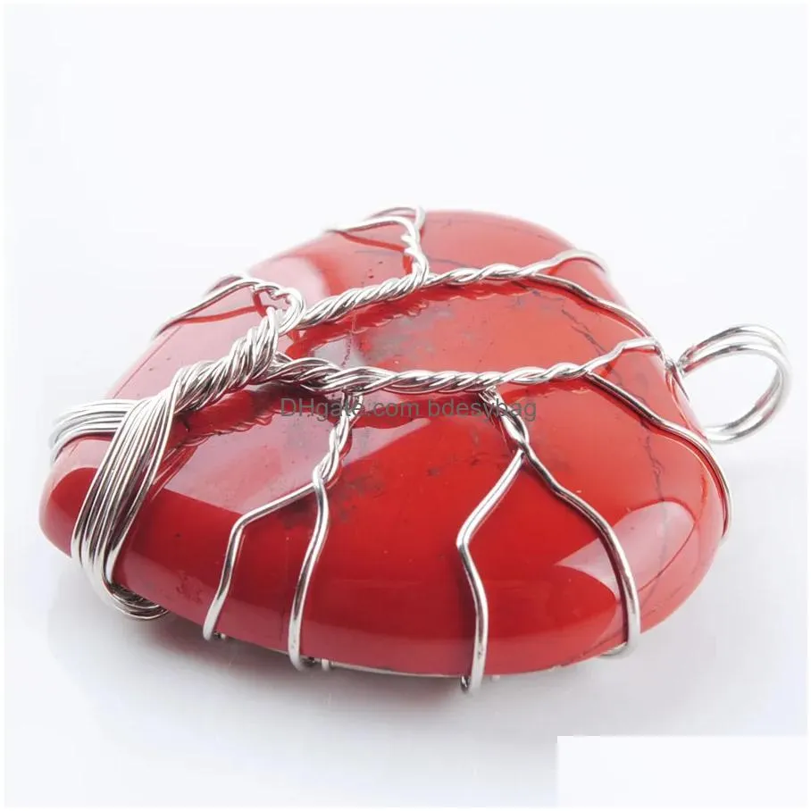 natural stone beads tree of life pendants silvers color wire wrap weave charms reiki love heart jewelry bn362