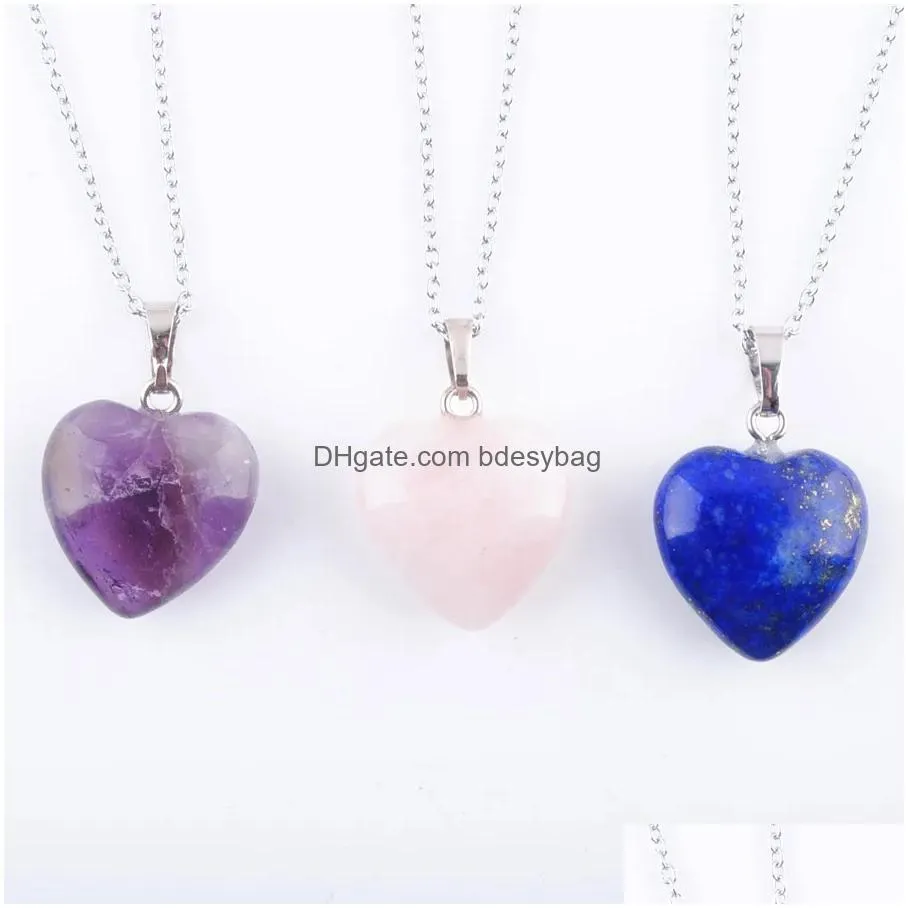natural tigers eye aventurine agates crystal amethysts lapis lazuli love heart stone bead pendant necklace jewelry chain 45cm bn345