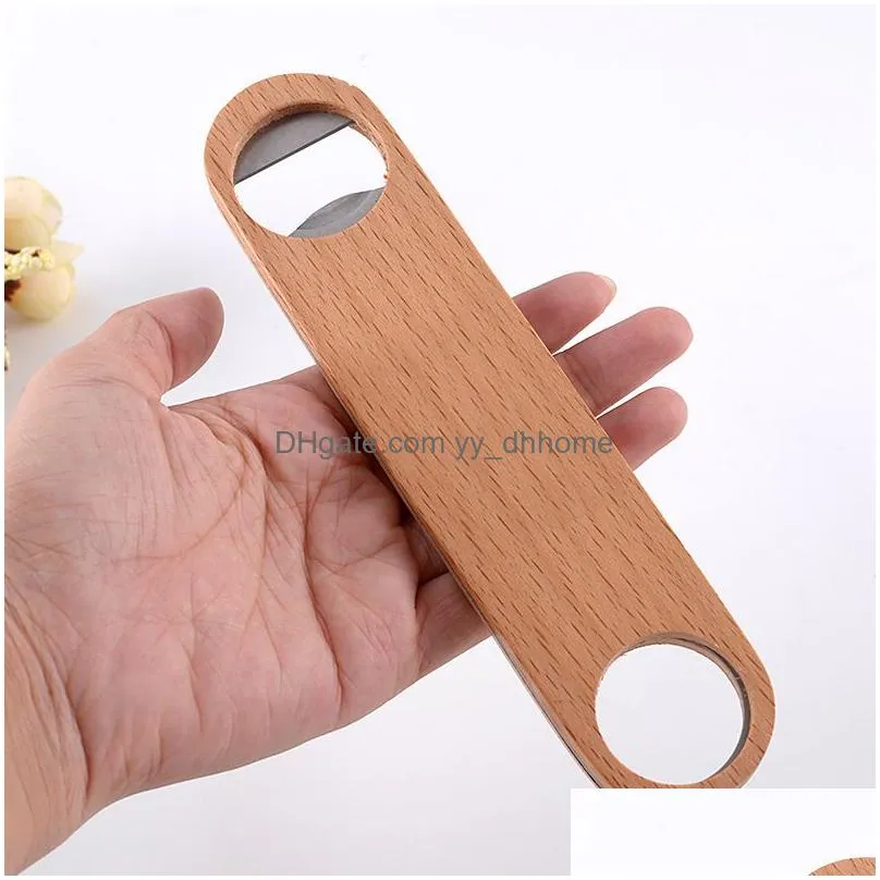 wooden handle stainless steel bottle opener household portable flat corkscrew hangable bar kitchen tools