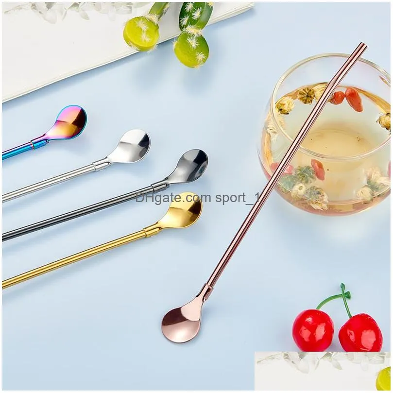 stainless steel straw spoon creative metal color coffee milk tea beverage dual use straws stirring spoons bar supplies
