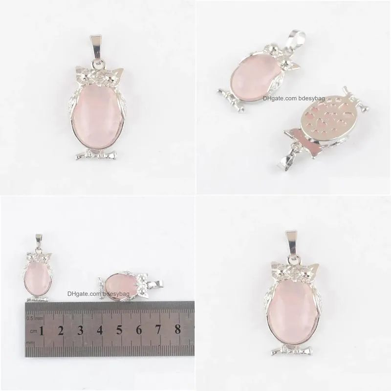 natural stone rose quartz tiny owl pendants reiki lucky animal cute charm jewelry for women man gift n4672